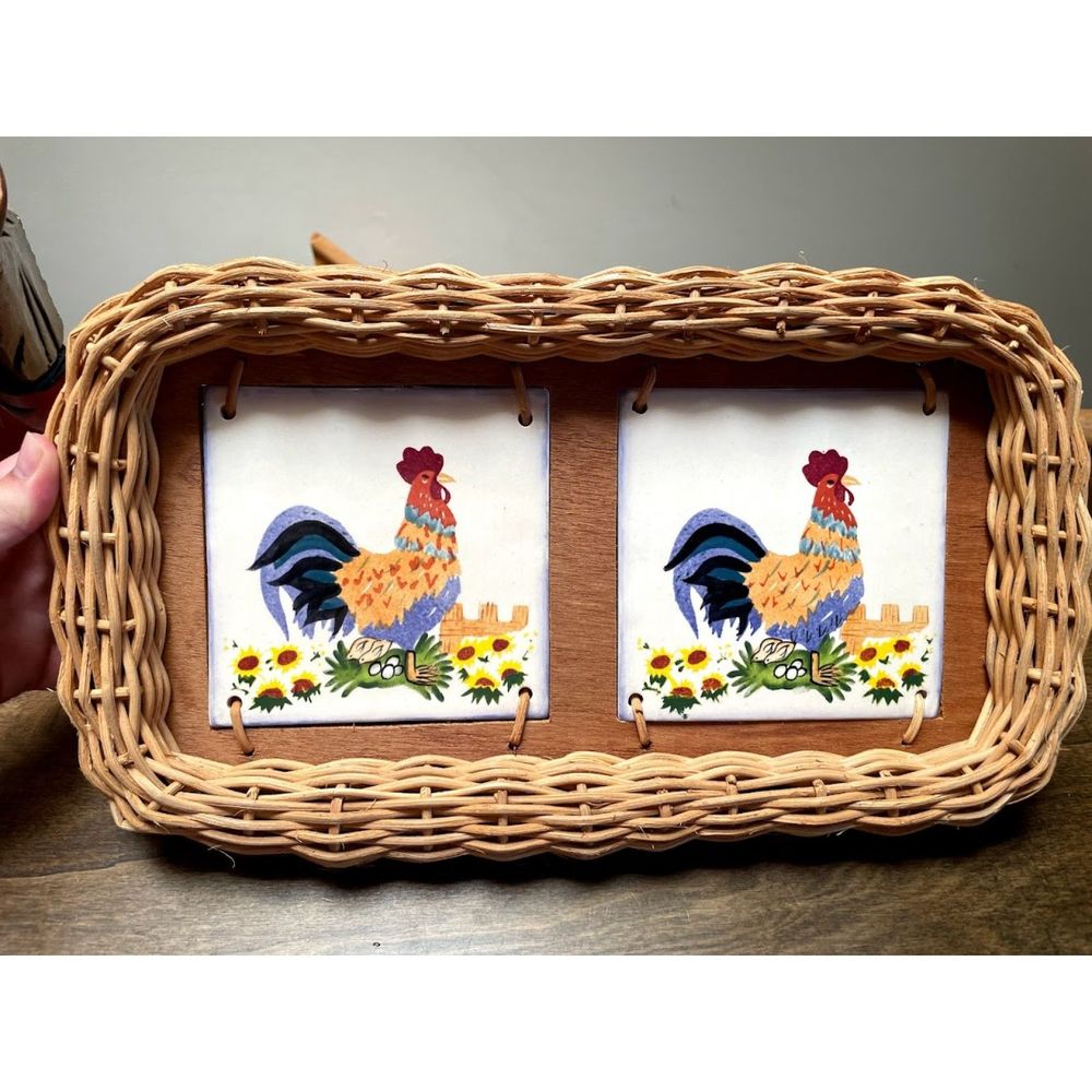 Vintage Ceramic and Wicker, Wood Rooster Serving Tray